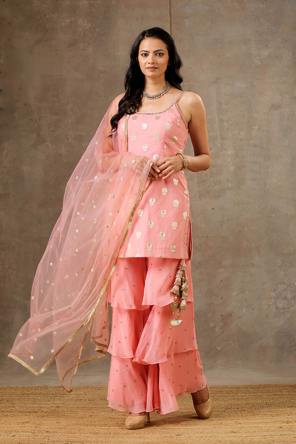 Peach Color Banarsi Embroidered Layered Sharara Set