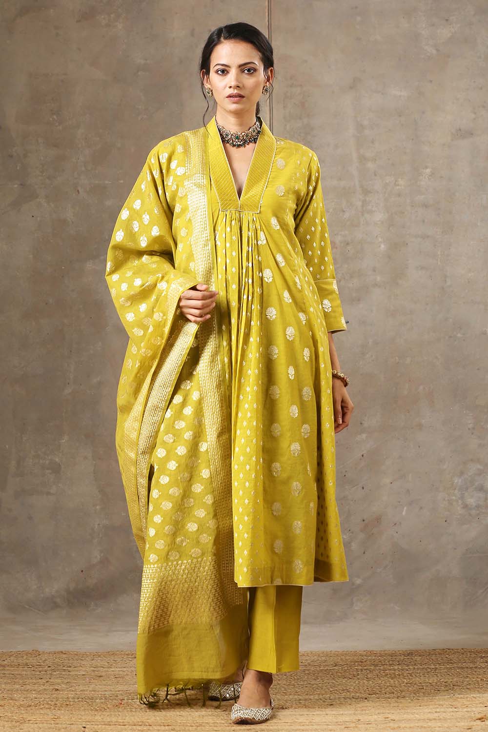 Yellow Chanderi Silk Kurta Set in 5 Kalis