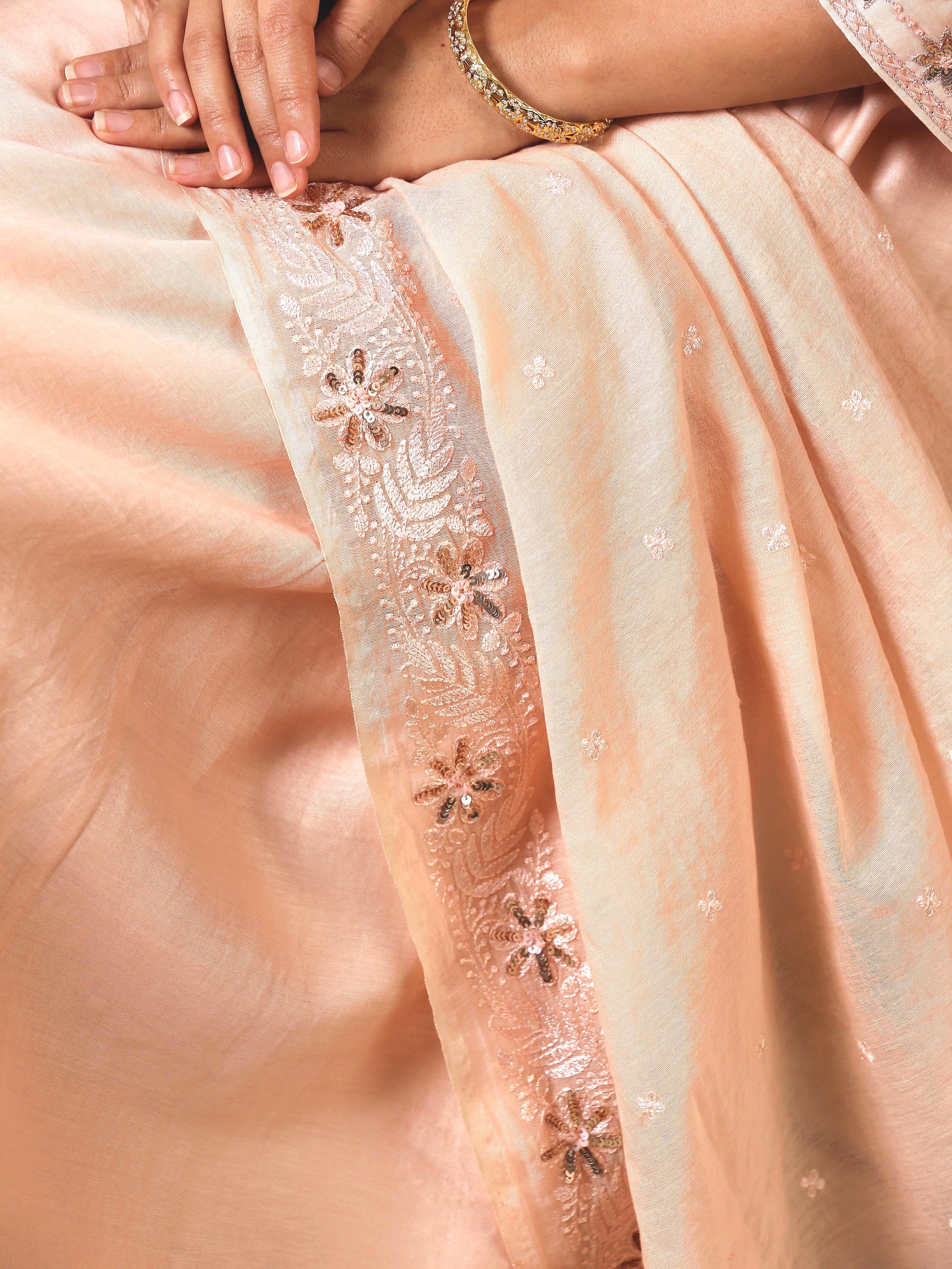 Peach Color Hand Embroidered Chanderi Silk Kurta Set