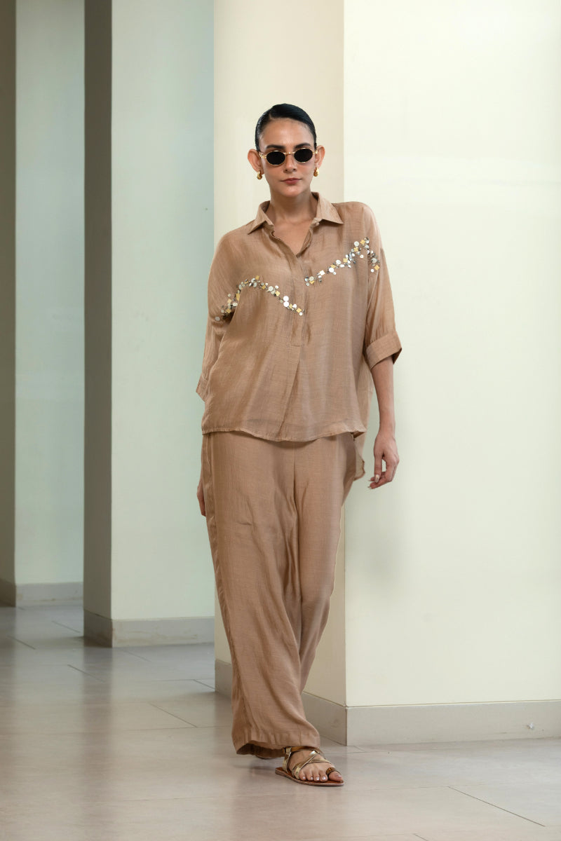 Chanderi Silk Sequins Shirt - Beige