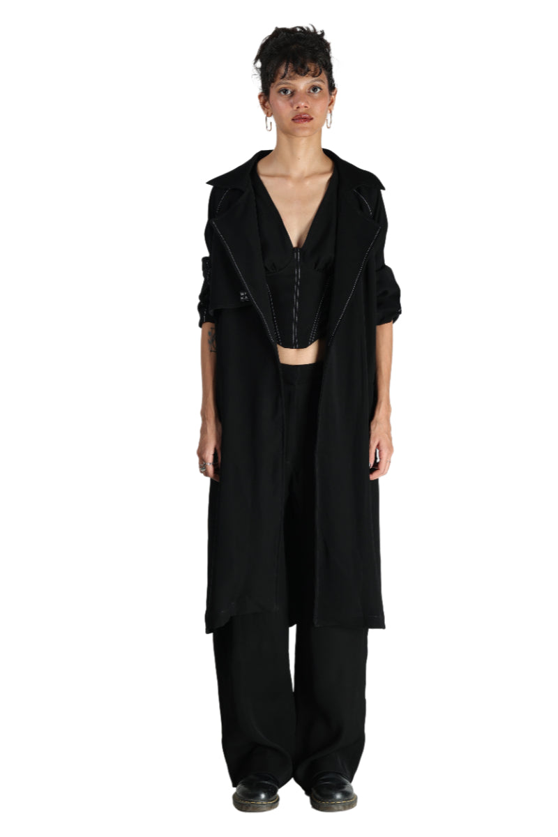 TRENCH COAT WITH AFFAIR CORSET PAIRED UP WITH HIGH WAISTED PANTS