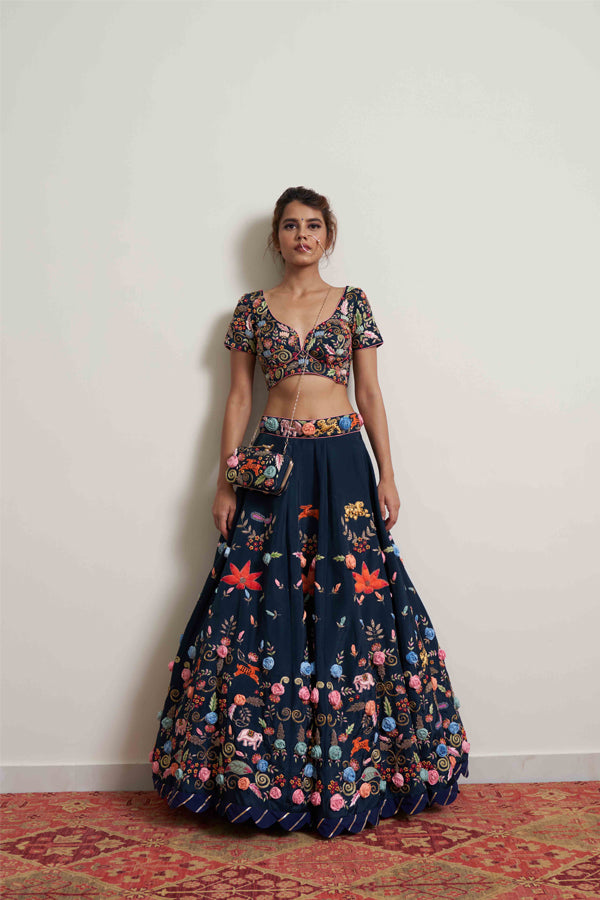 Navy Blue Mughal Shikar Lehenga