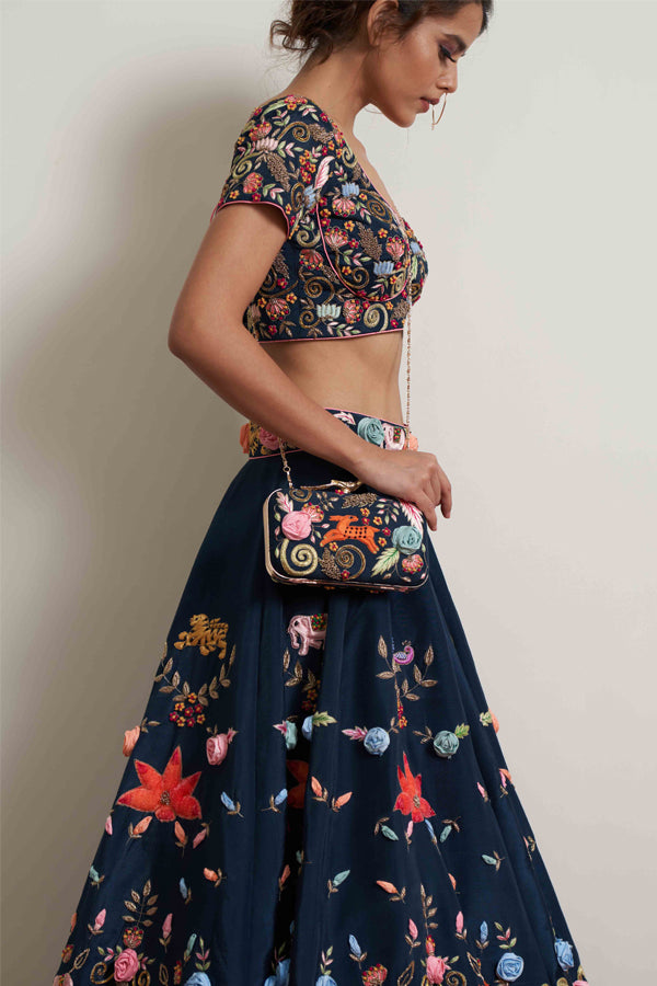 Navy Blue Mughal Shikar Lehenga