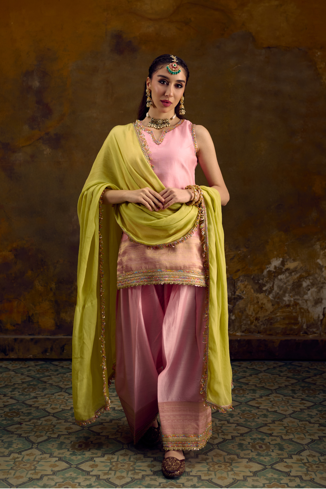 Naad Komal - Blush Pink Farshi Salwar with Lime Green Dupatta