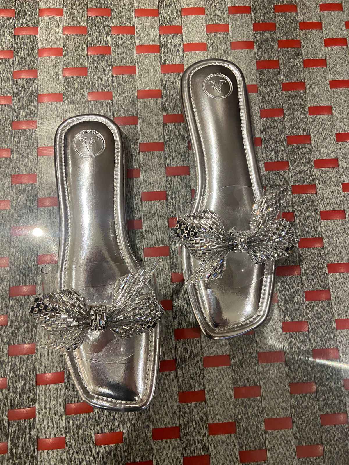 Silver Bow Silver Base Open Toe Flats