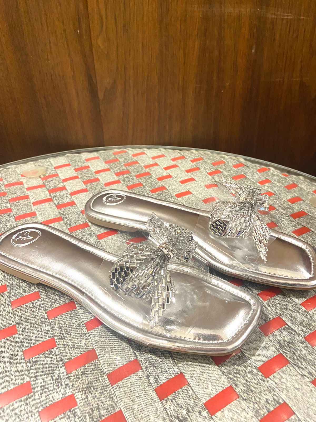 Silver Bow Silver Base Open Toe Flats