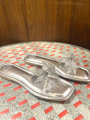 Silver Bow Silver Base Open Toe Flats