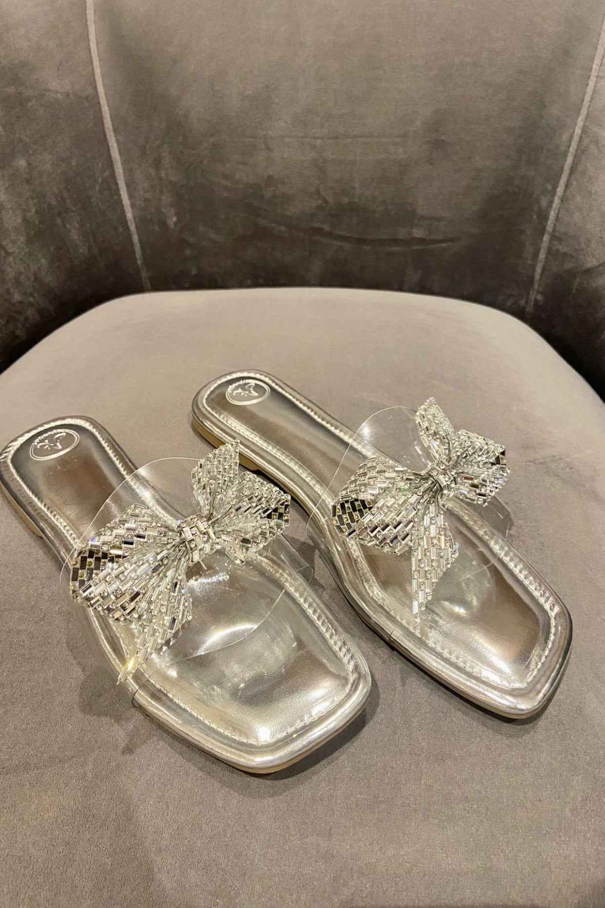 Silver Bow Silver Base Open Toe Flats