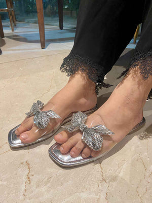 Silver Bow Silver Base Open Toe Flats