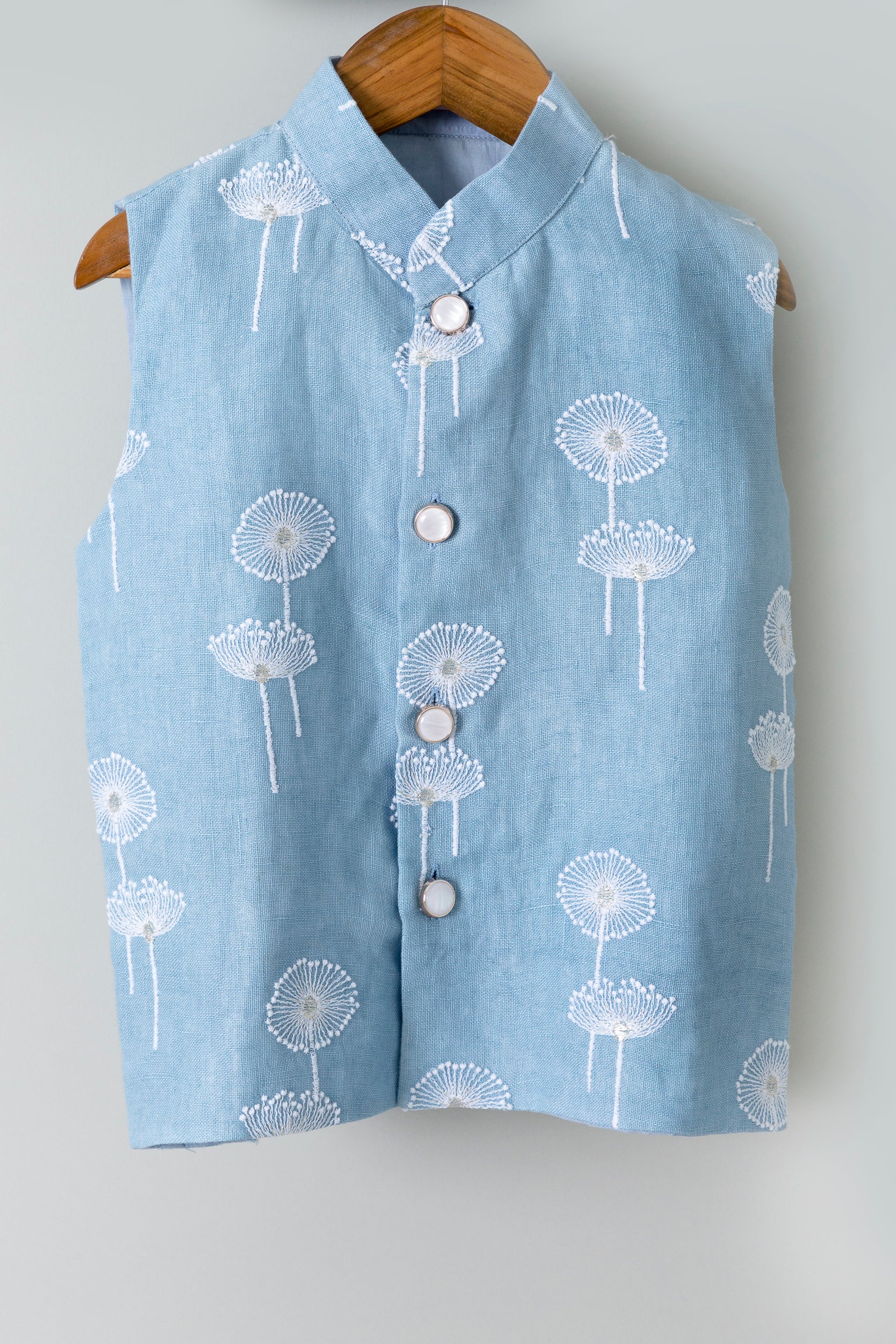 Embossed Cotton Kurta With Dandelion Embroided Linen Blue Jacket