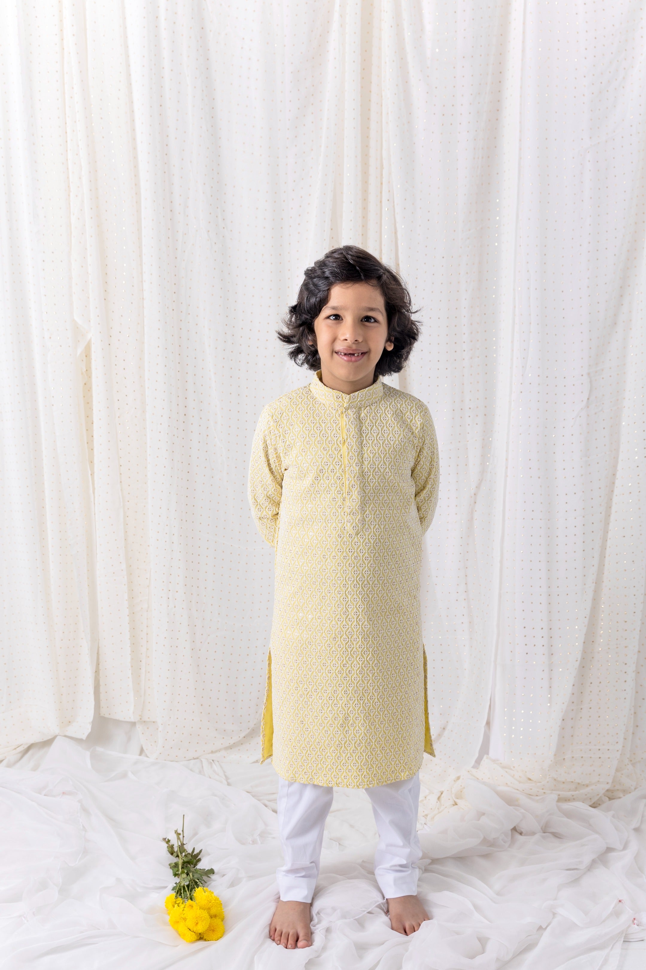Lemon Sequin And Thread Work Kurta Set