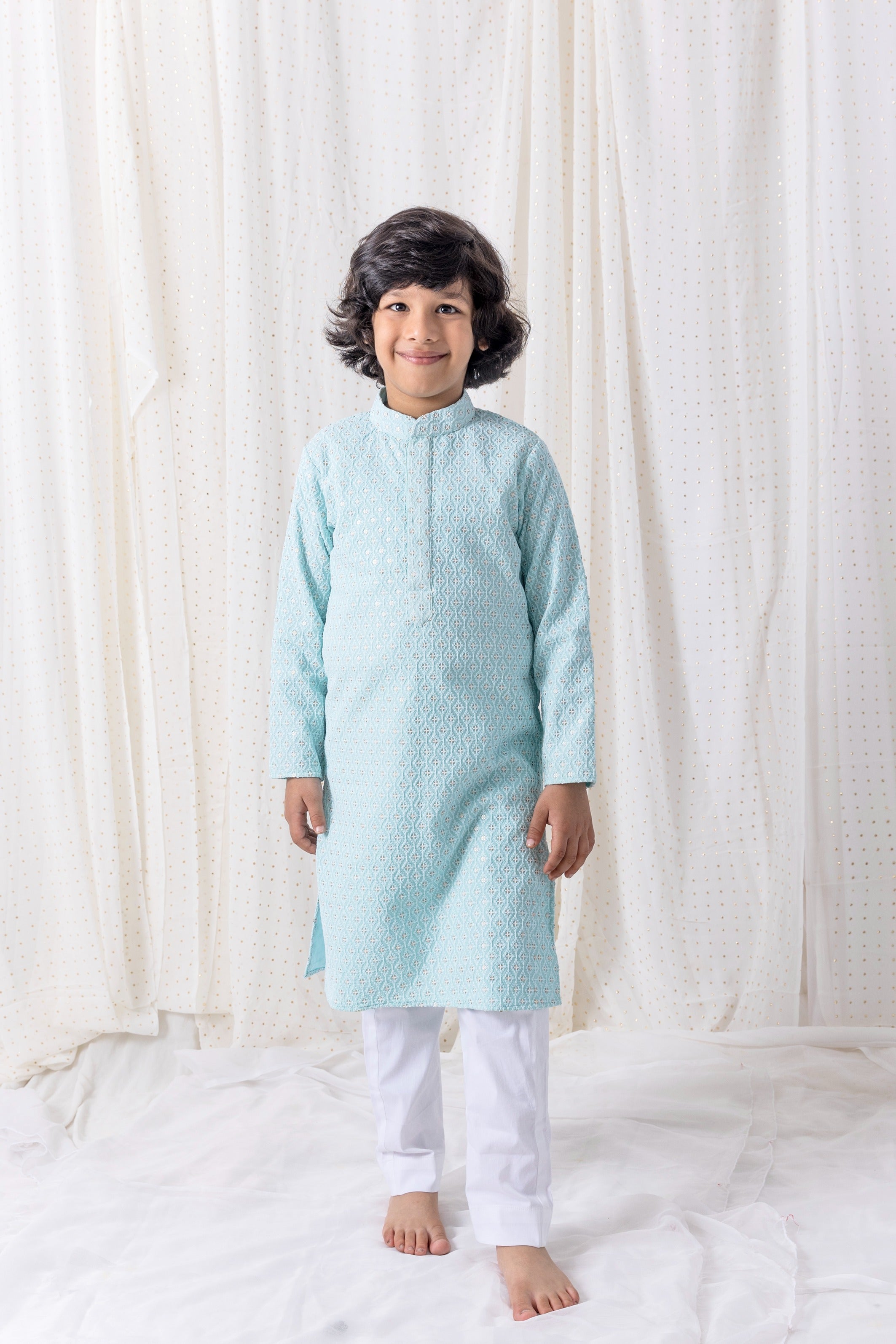 Ice Blue Sequin And Thread Work Kurta Set