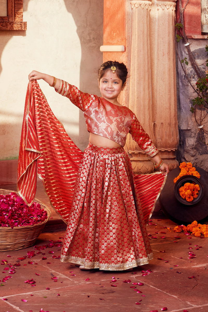Red Brocade Lehenga With Matching Choli And Dupatta