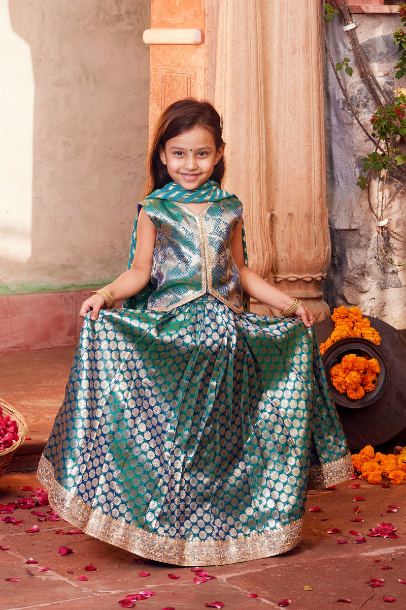 Sky Blue Brocade Lehenga With Matching Choli And Dupatta