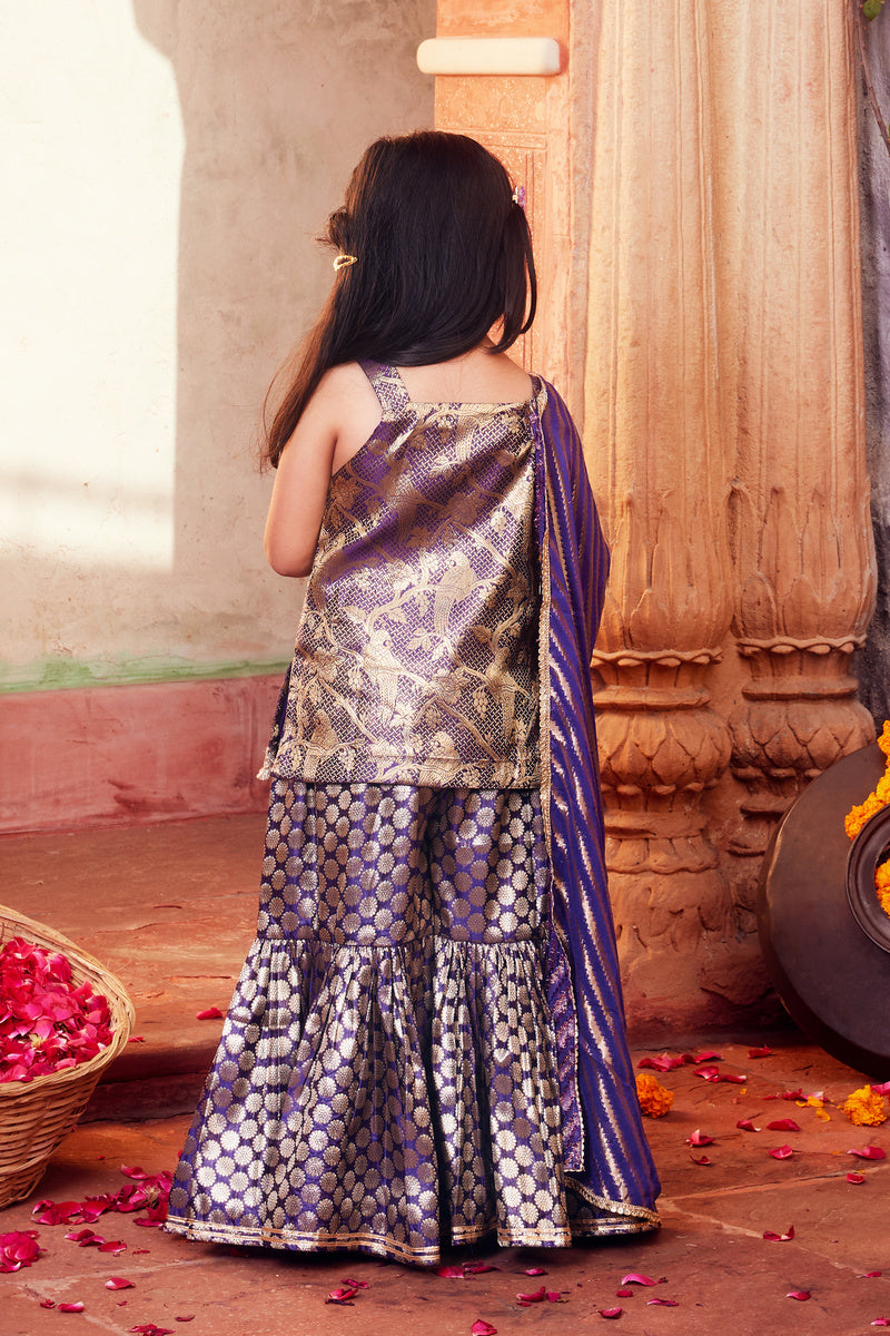 Purple Brocade Kurta With Matching Sharara And Dupatta
