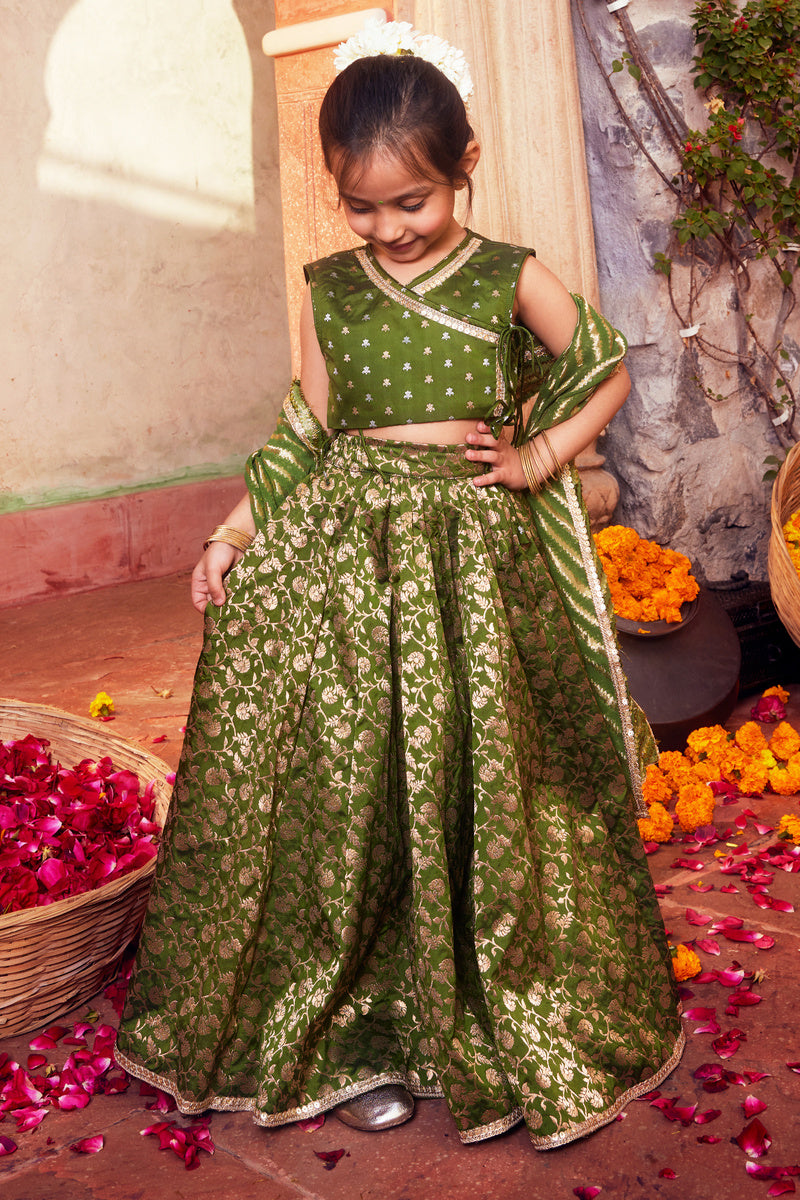 Green Brocade Lehenga With Matching Choli And Dupatta