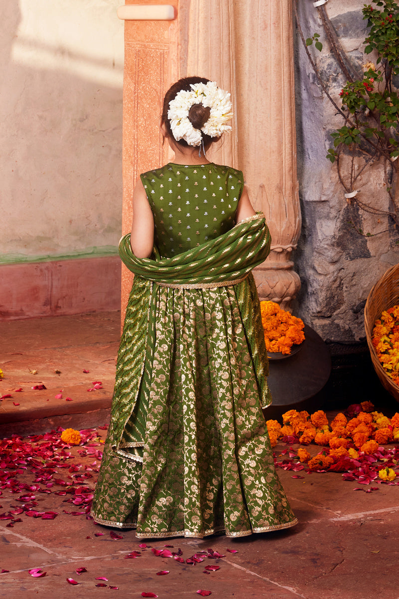 Green Brocade Lehenga With Matching Choli And Dupatta