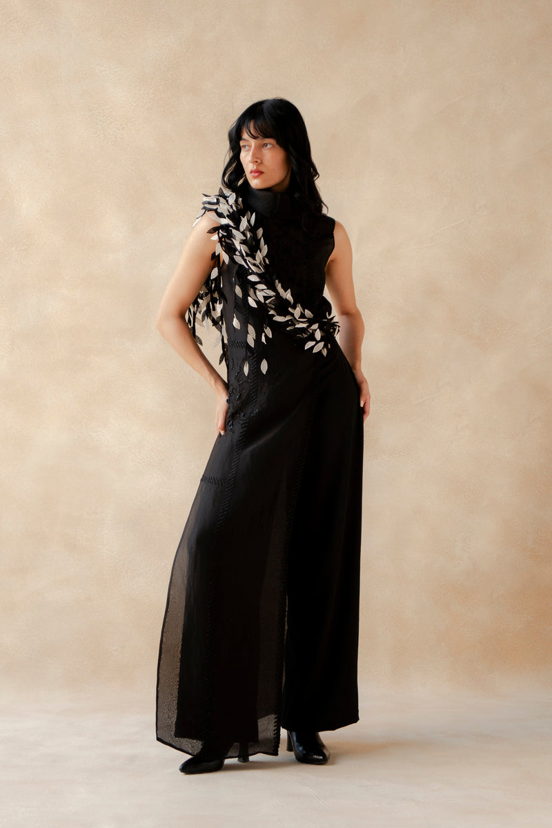 Embroidered High Slit Organza Top With Pants With Tassels