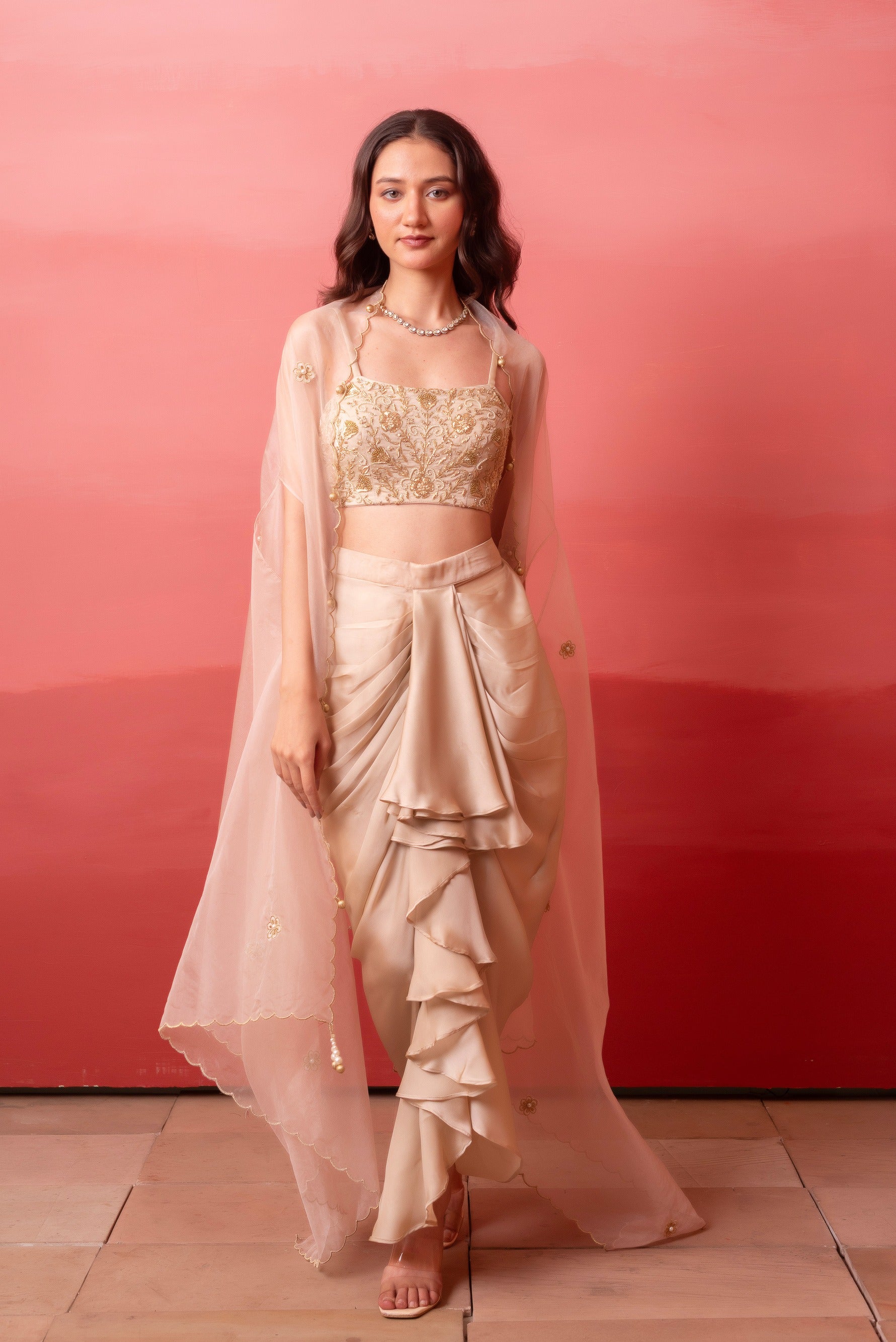 Pre-Draped Skirt With Handwork Blouse & Organza Shrug