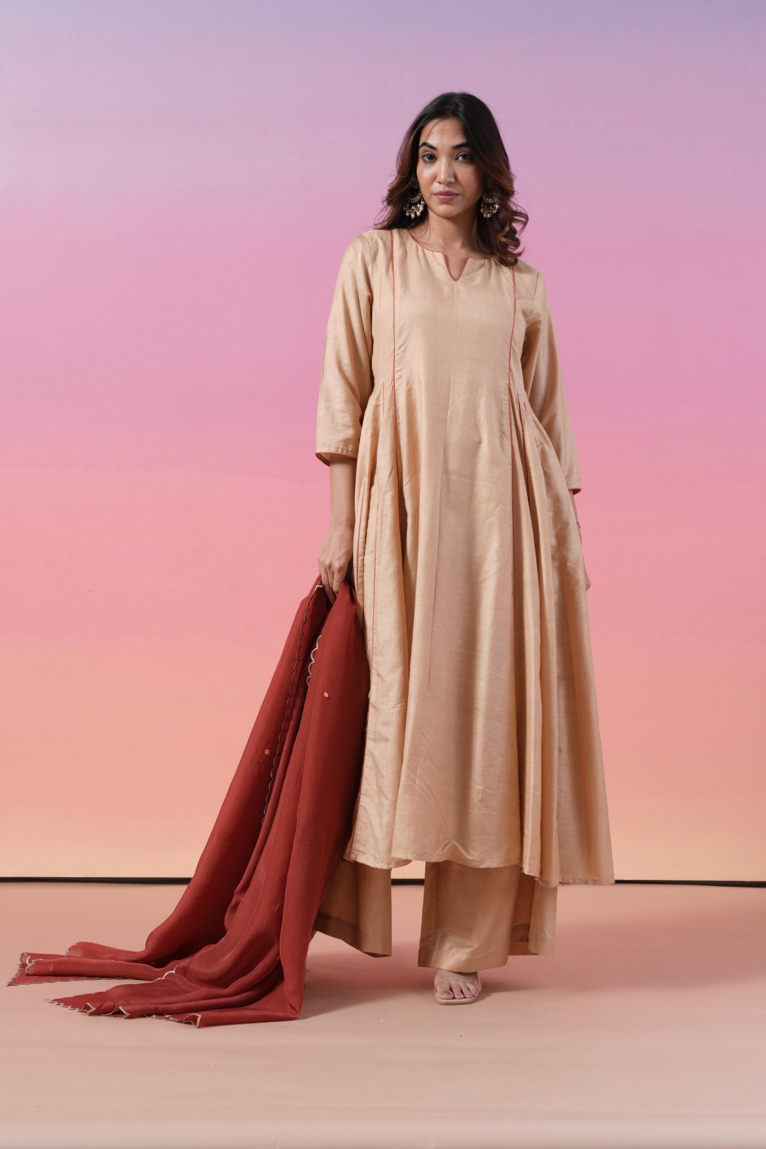 Cream Silk Anarkali Kurta Set