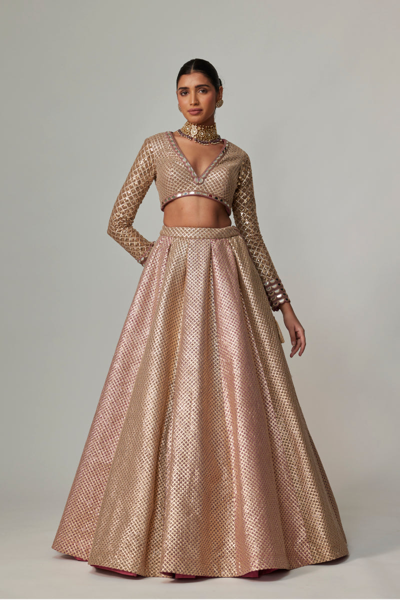 DEEP BEIGE MULTICOLOR V NECK CROP TOP WITH SKIRT