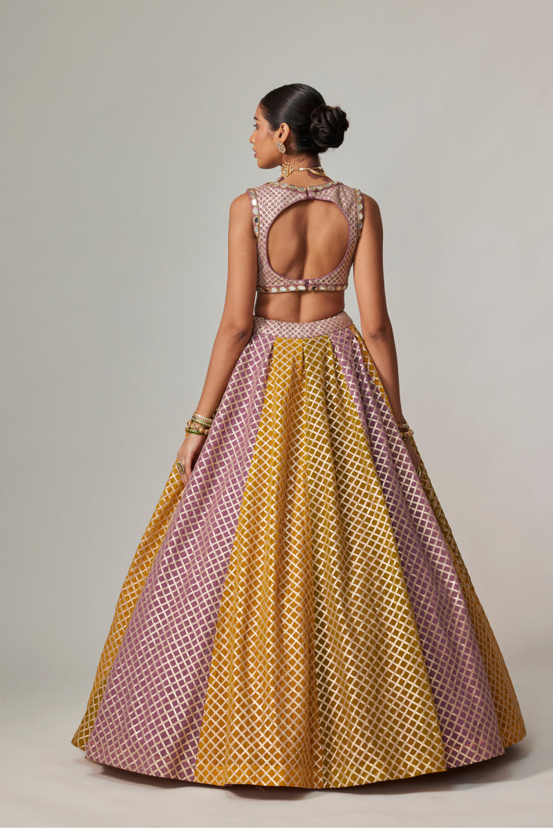 MUSTARD MULTICOLOR CROP TOP WITH SKIRT