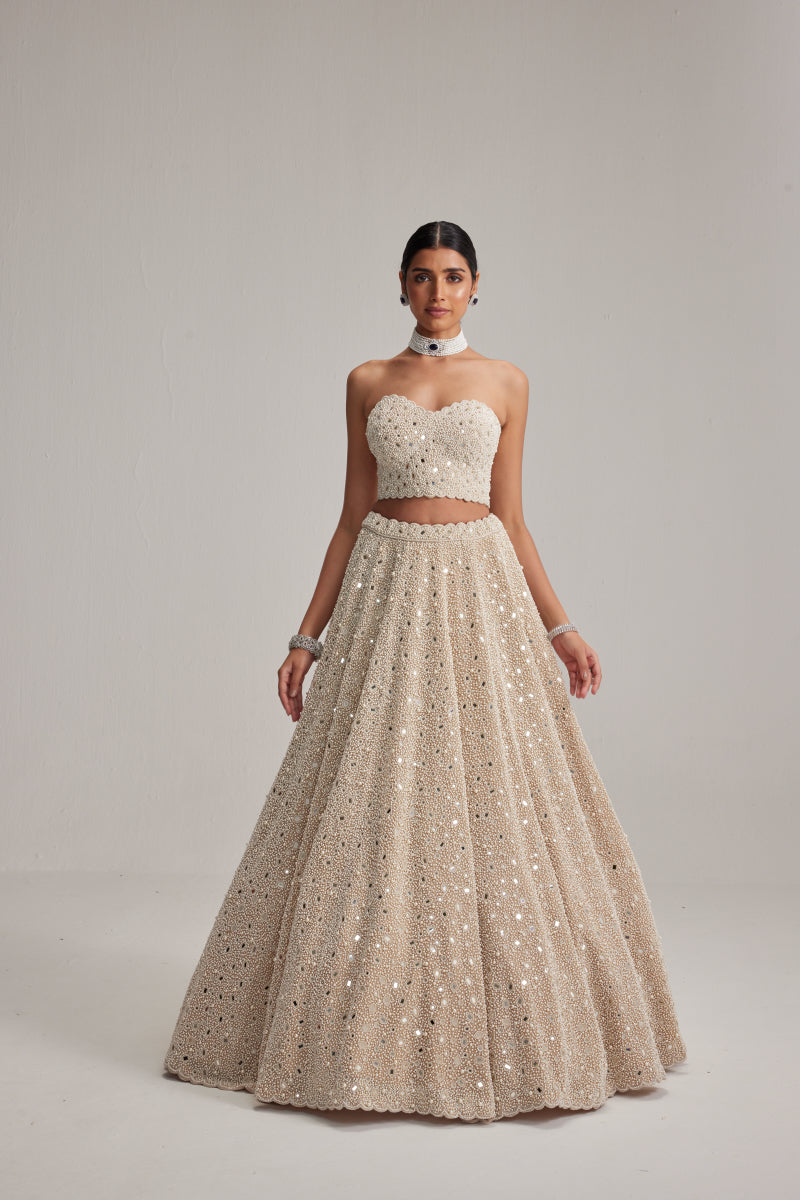 Light Beige Dense mirror and pearl Corset lehenga set