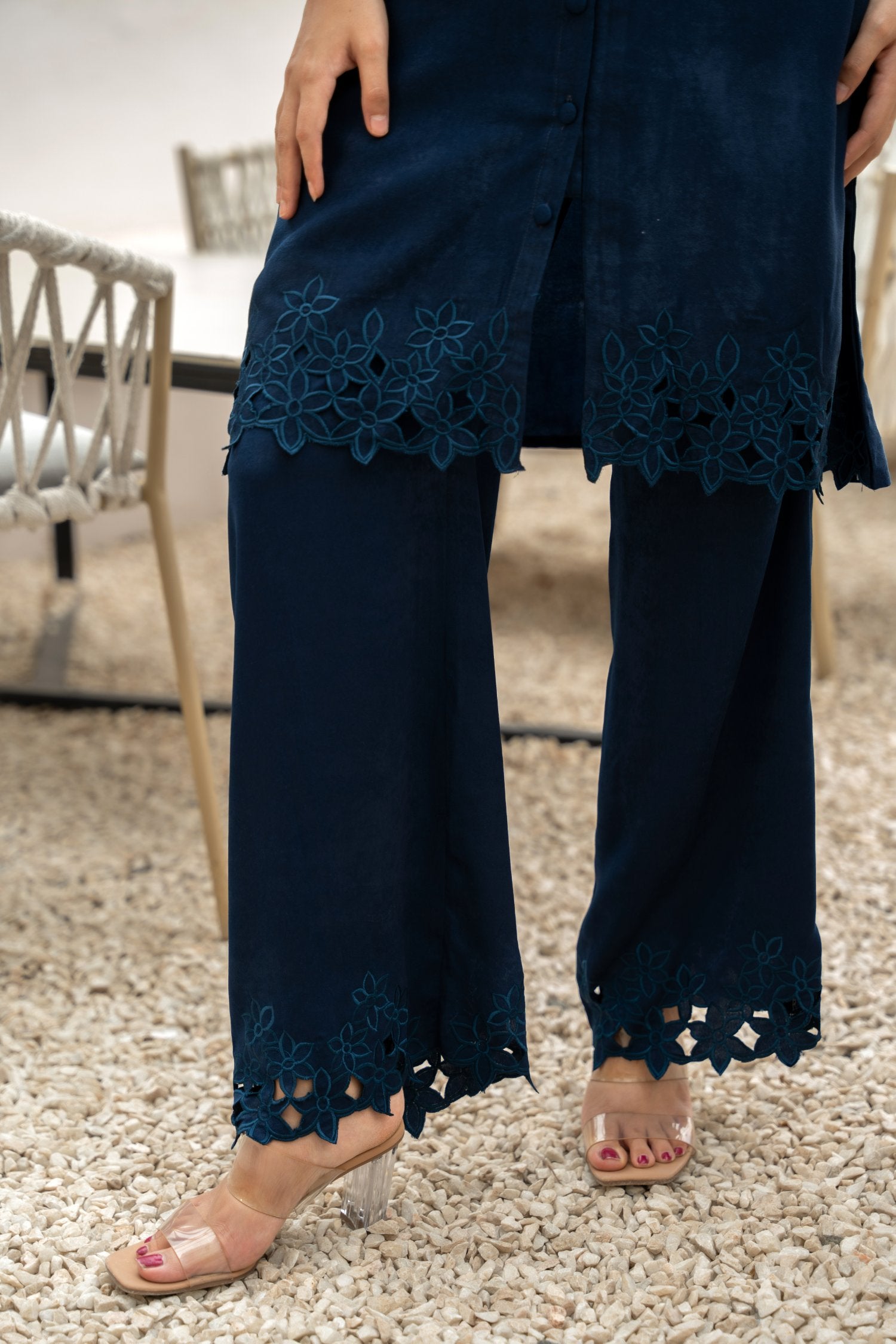 Navy Cut Work Tunic And Bottom Set