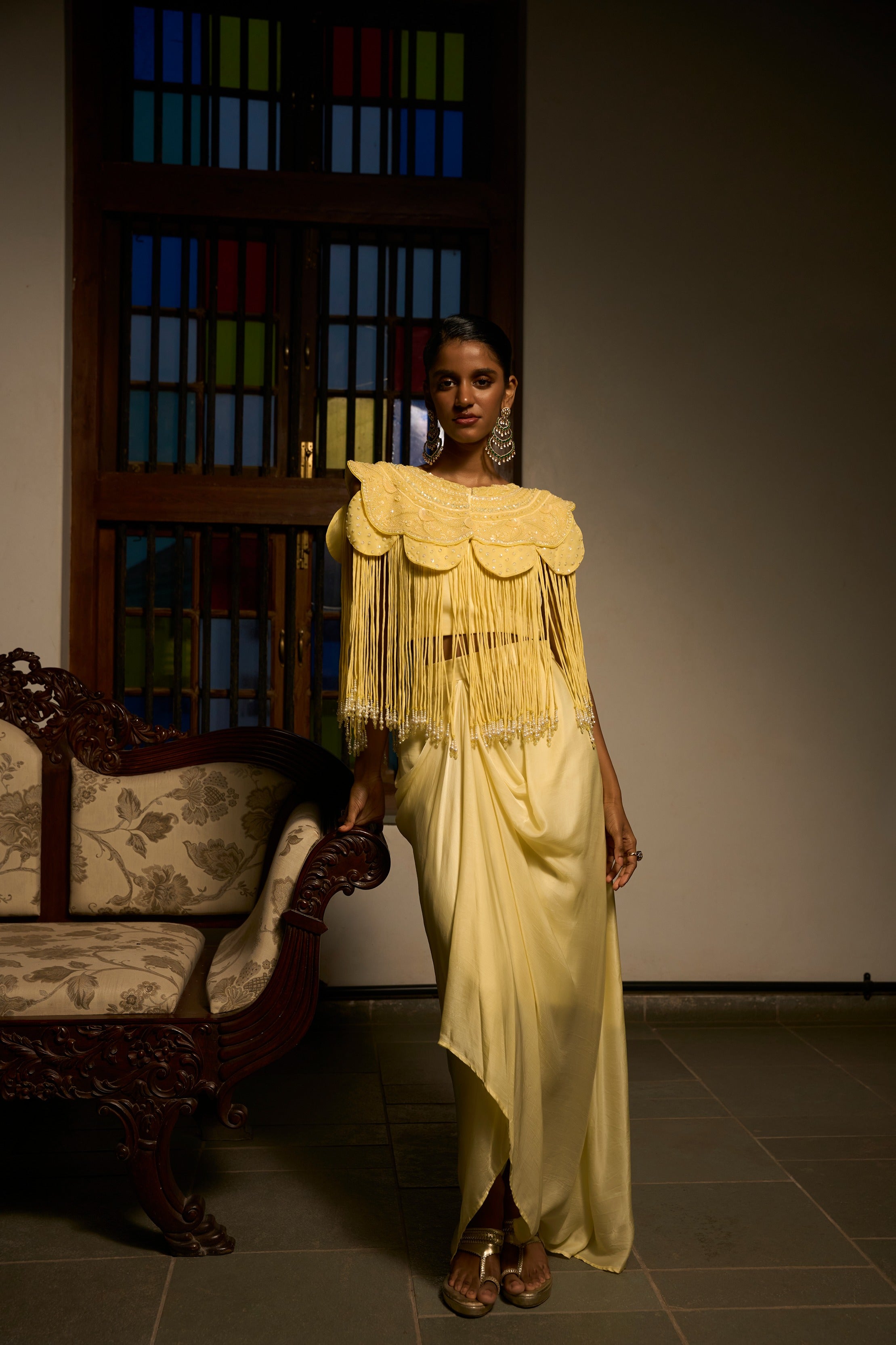 Lemon Mist Drape Co-Ord With Cowl Skirt