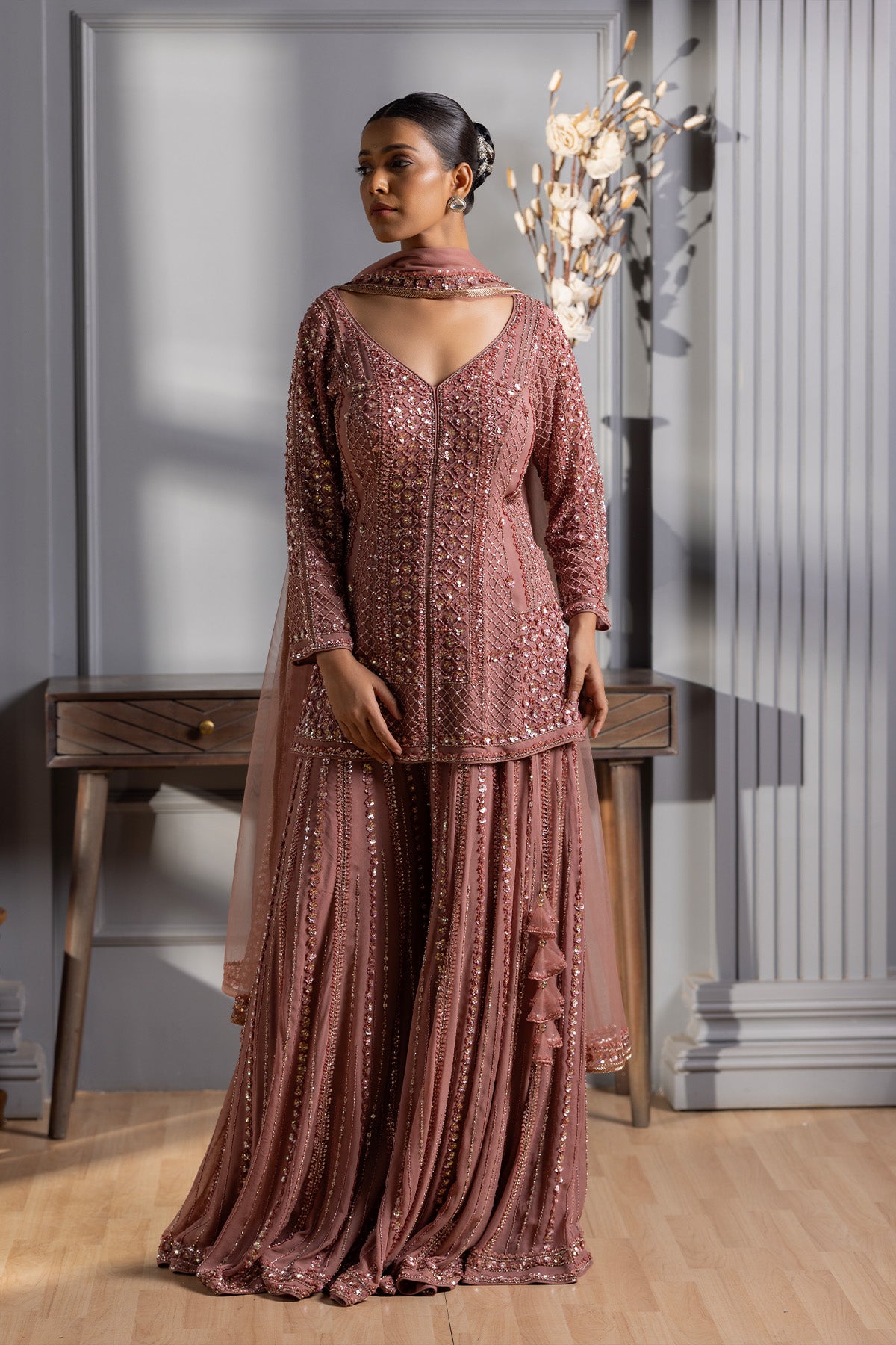 Blush Pink Embroidered Sharara Set