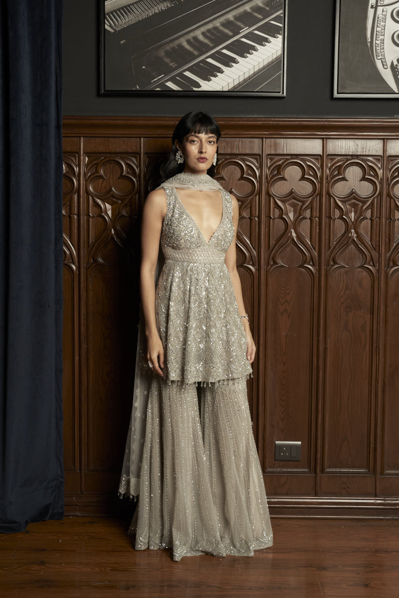 Grey Peplum Sharara Set