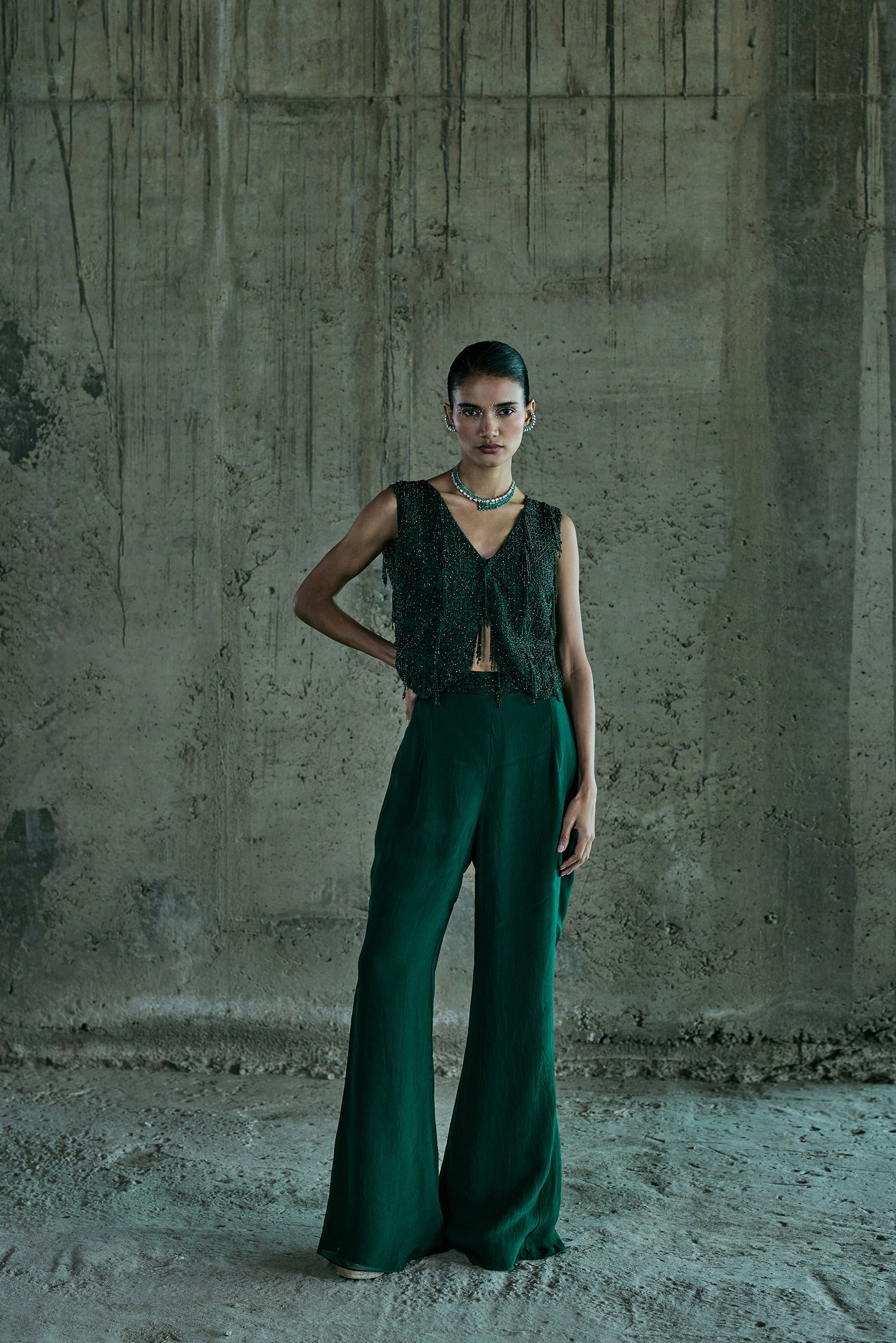 Emerald Crystal Jacket With Pants Set