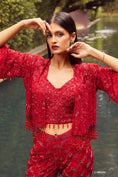 Load image into Gallery viewer, Red Indowestern Short Jacket Set With Flaired Pants
