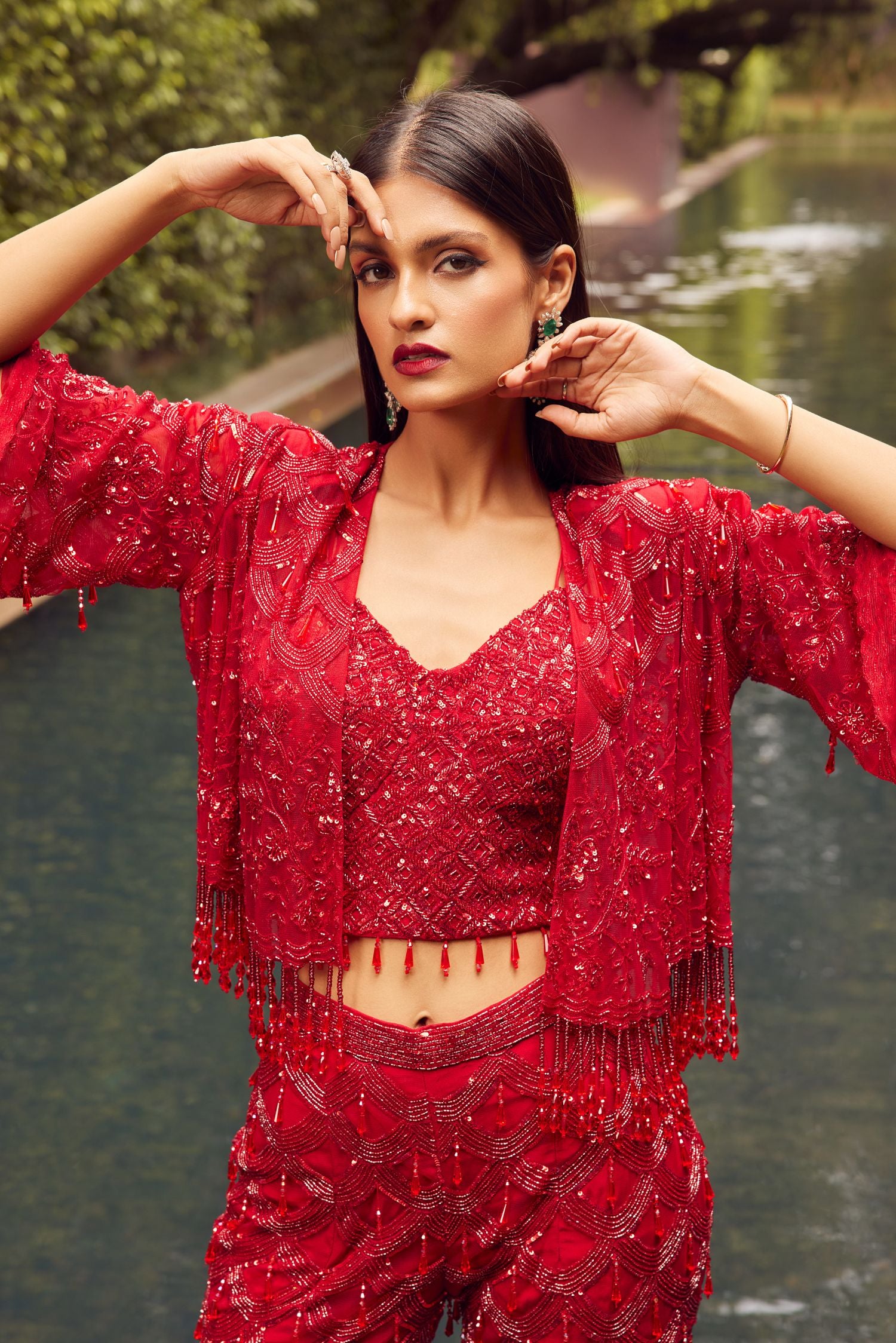 Red Indowestern Short Jacket Set With Flaired Pants