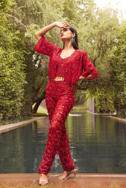 Red Indowestern Short Jacket Set With Flaired Pants