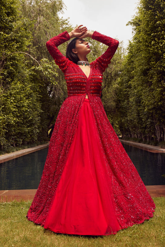Red Jacket Gown With Net Skirt