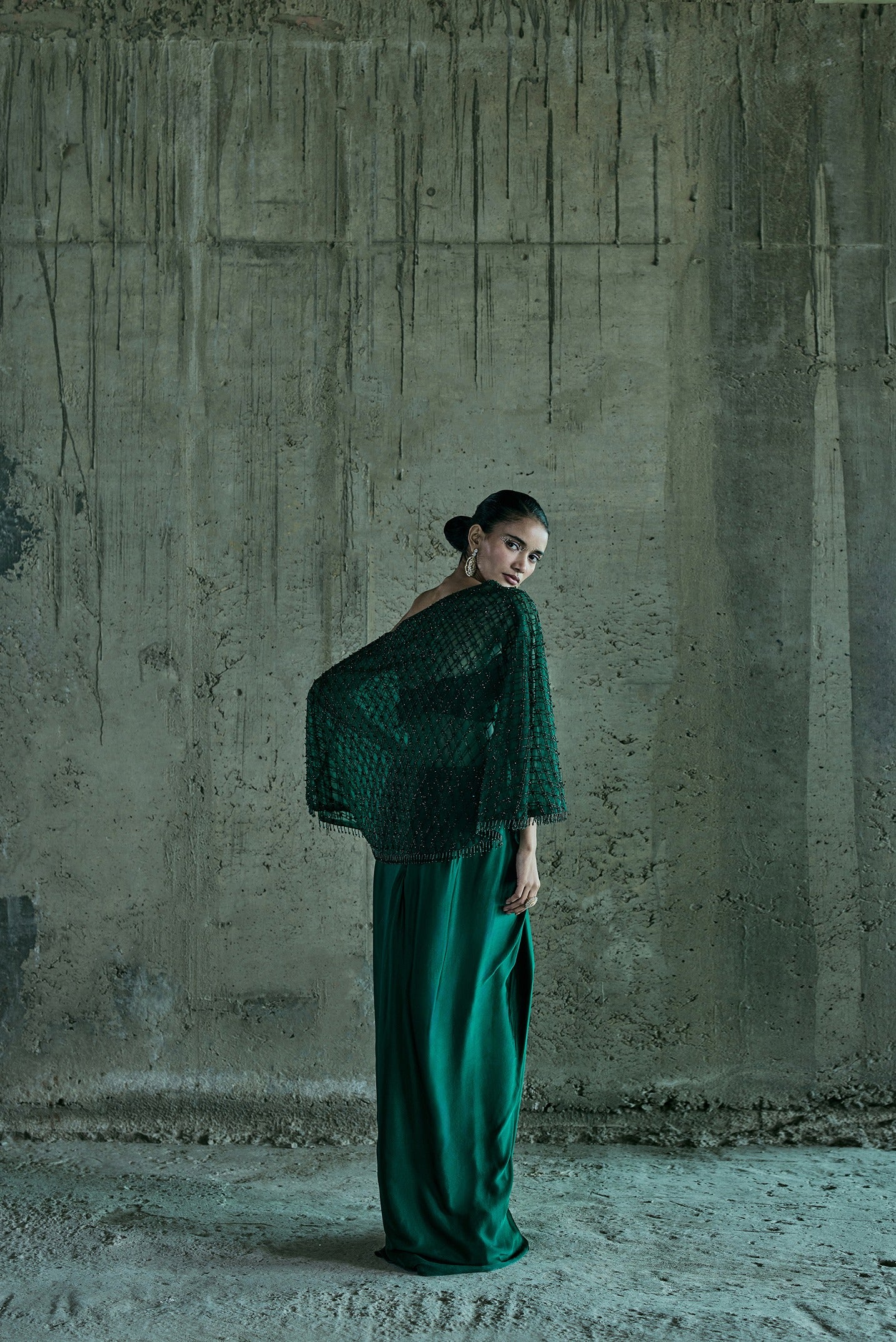 Emerald Off Shoulder Cape With Bustier And Skir