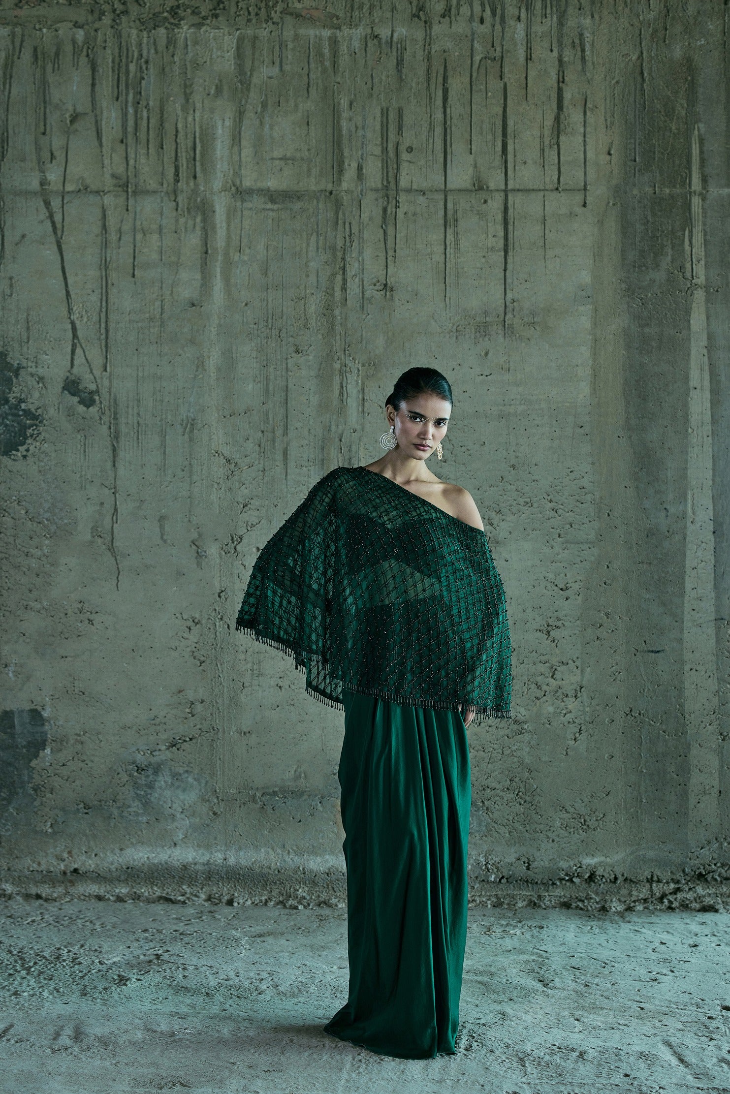Emerald Off Shoulder Cape With Bustier And Skir