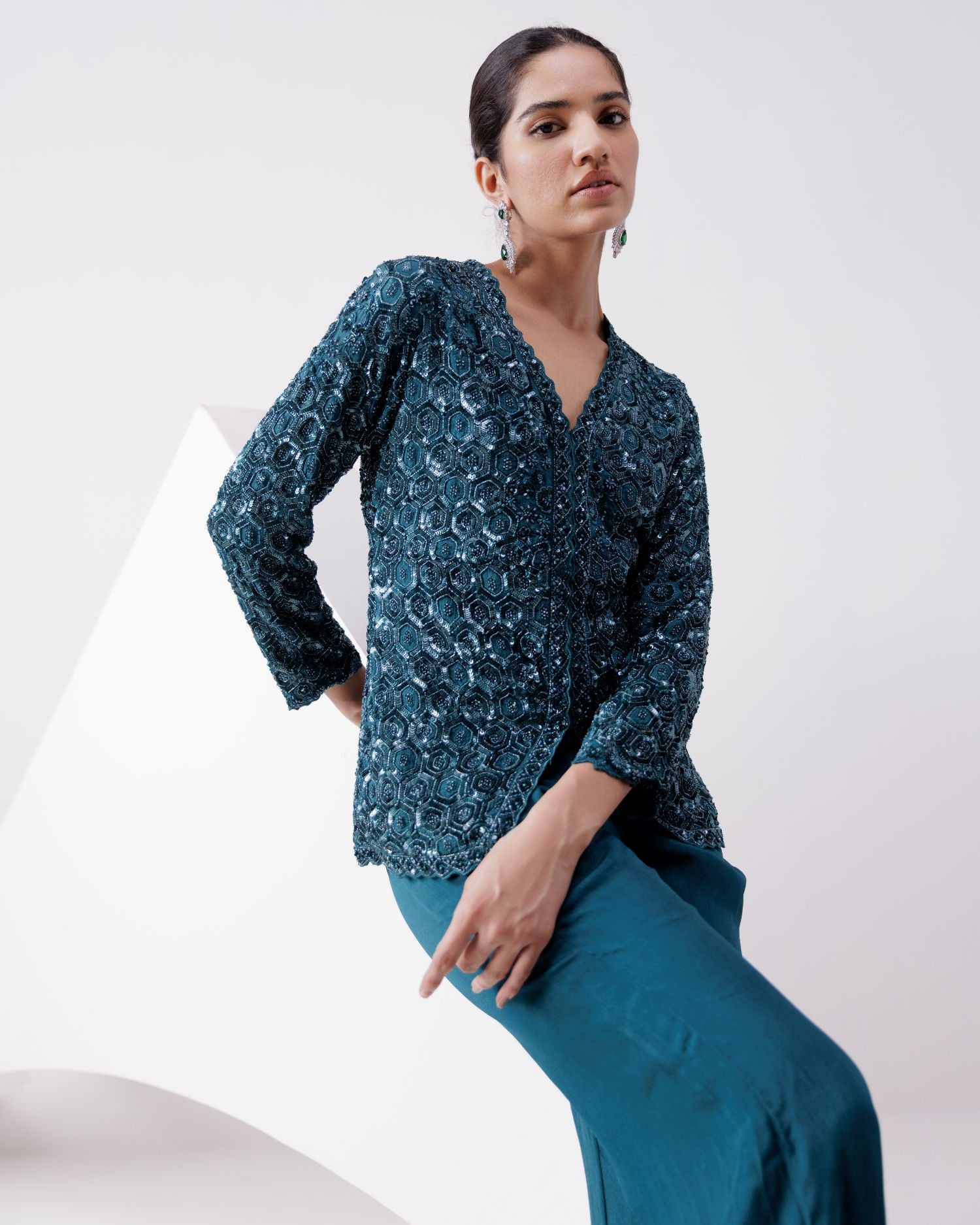 Teal Chinon Indowestern Jacket With Pants