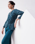Load image into Gallery viewer, Teal Chinon Indowestern Jacket With Pants
