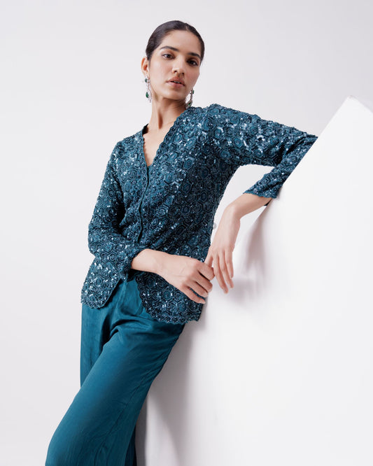 Teal Chinon Indowestern Jacket With Pants