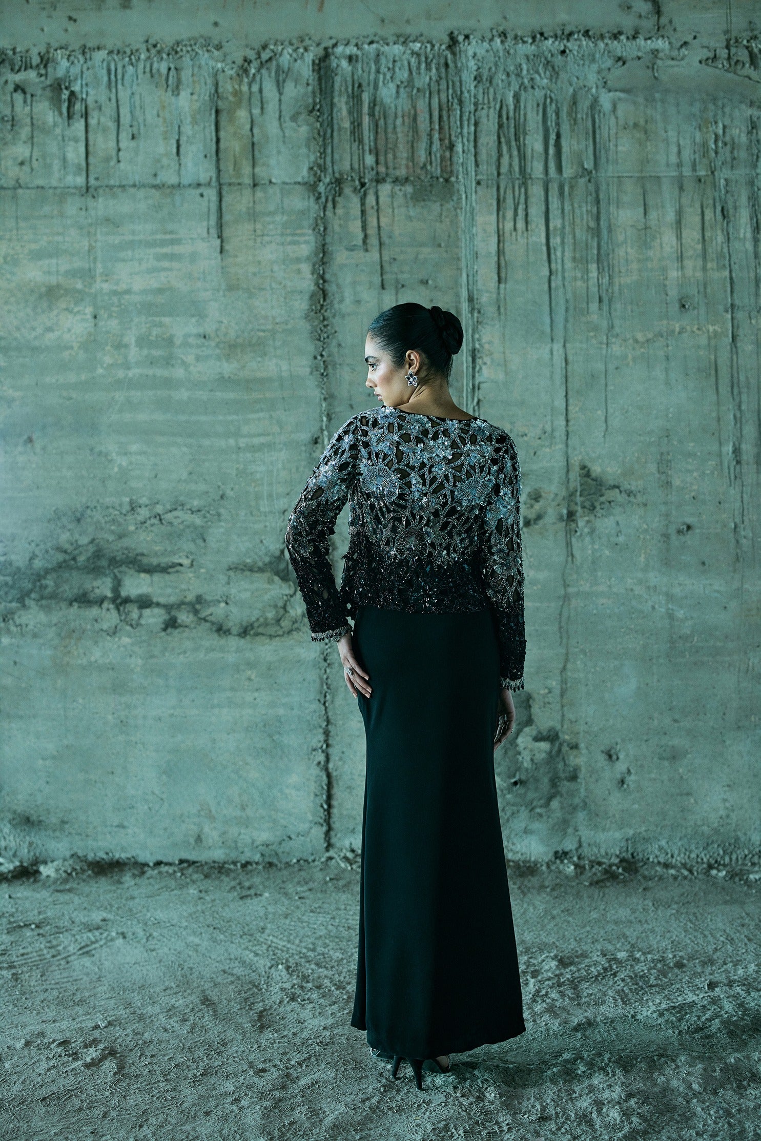 Black Shaded-Cutwork Jacket Set With Corset And Slit Skirt