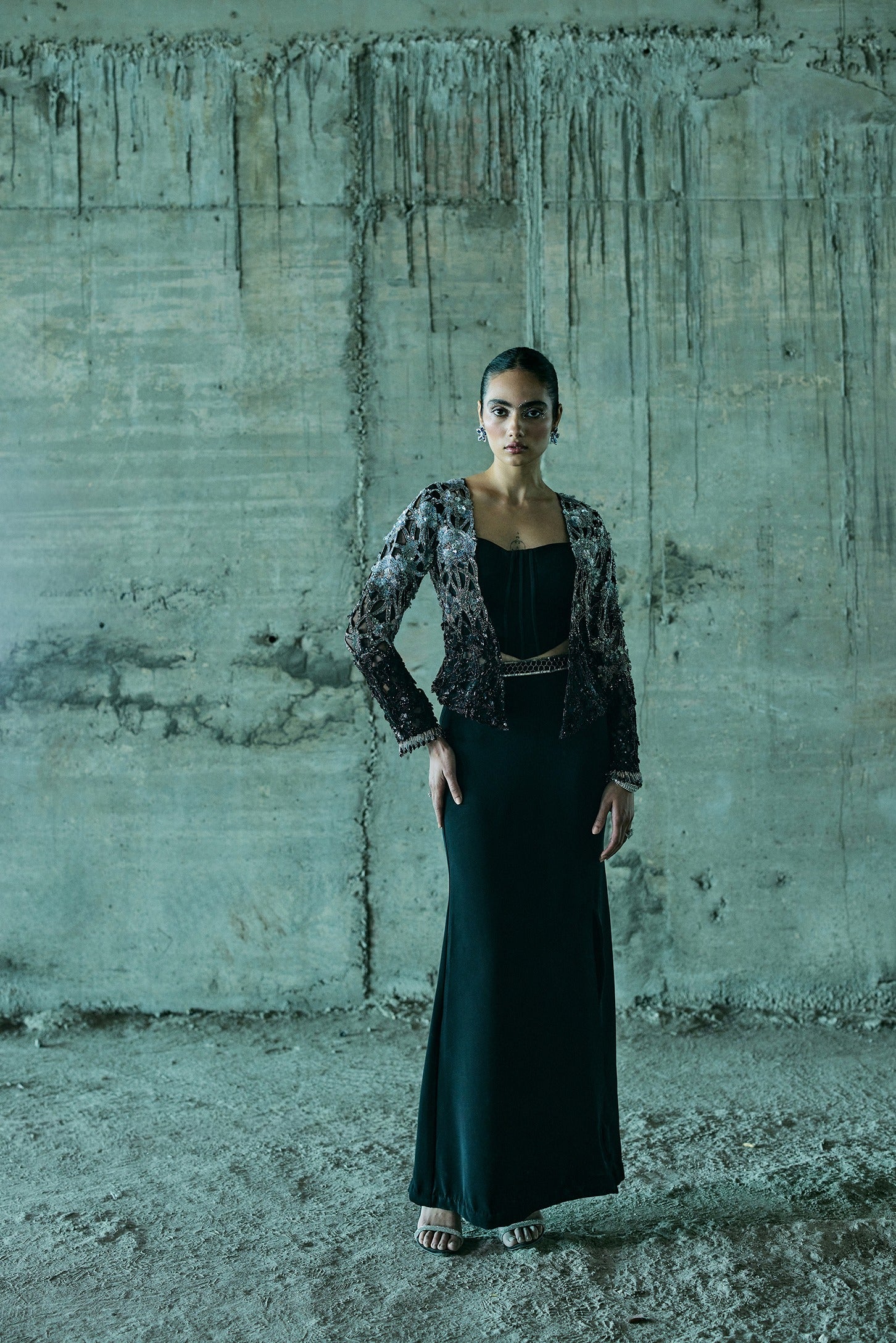 Black Shaded-Cutwork Jacket Set With Corset And Slit Skirt