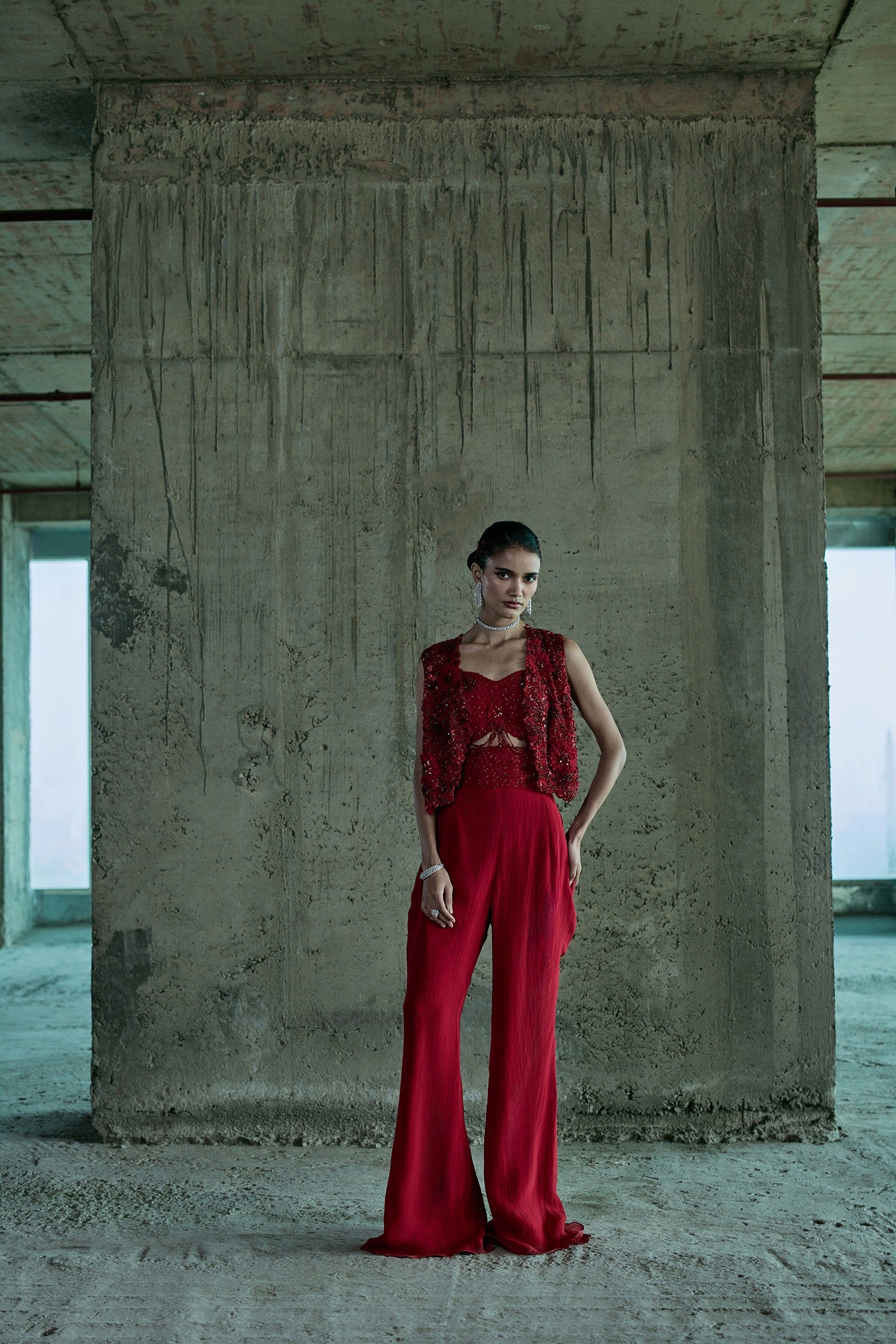 Red 3-D Embellished Jacket-Pant Set