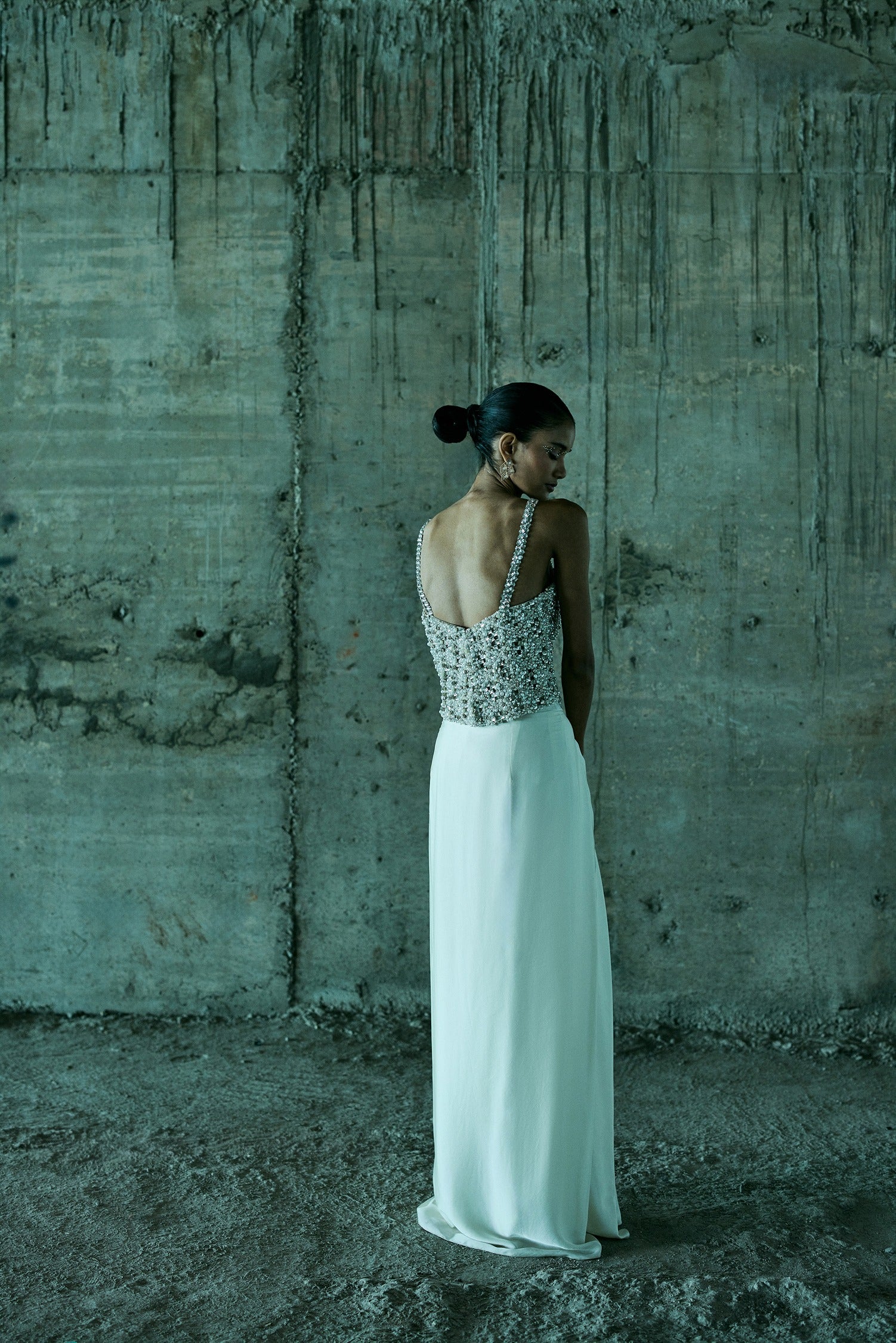 Ivory Pearl And Stones Embellished Corset With Skirt Set