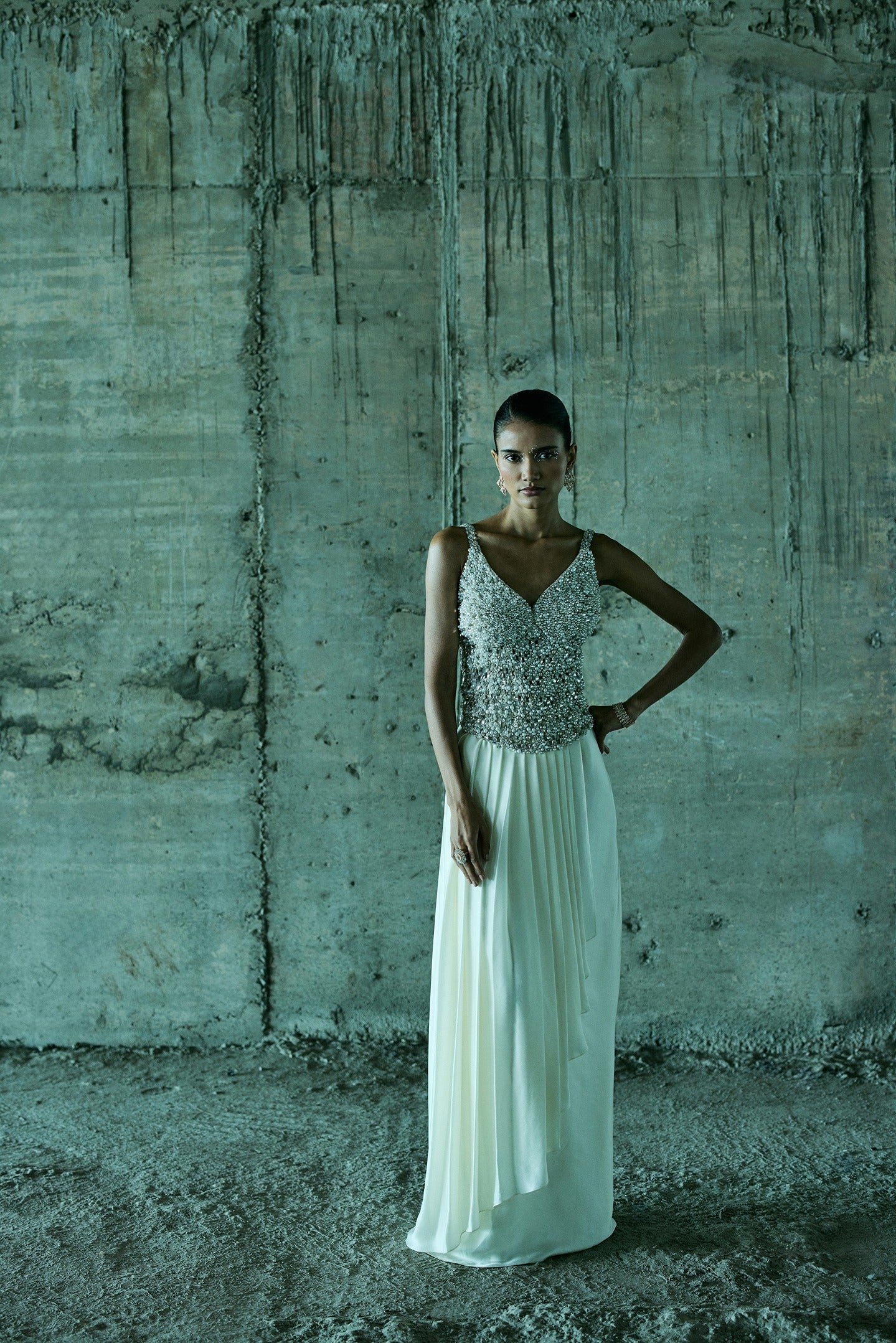 Ivory Pearl And Stones Embellished Corset With Skirt Set