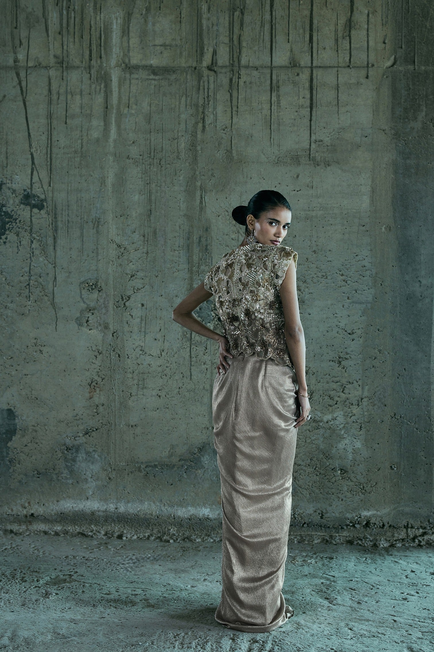 Beige Shaded Cutwork Top And Skirt Set