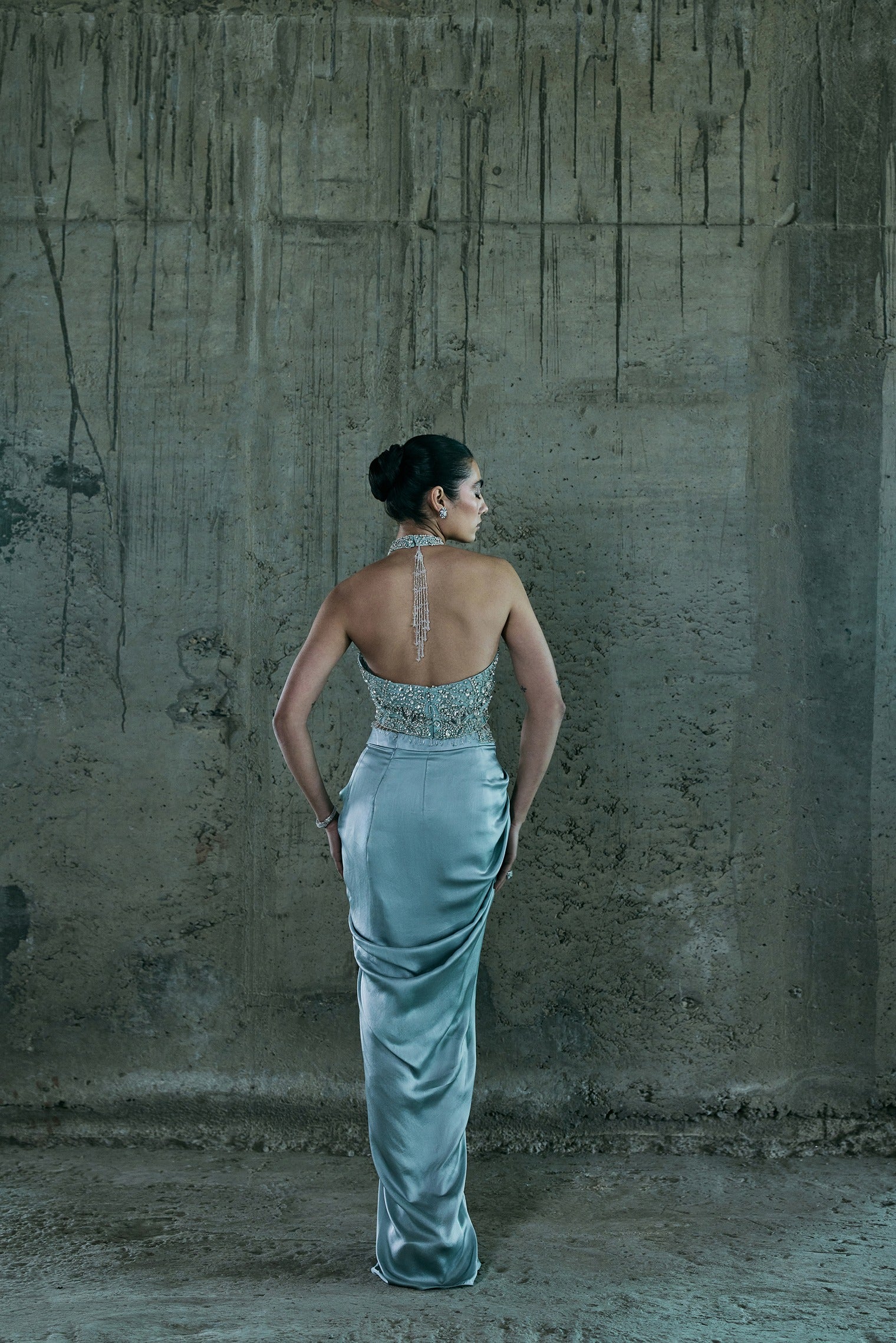 Ice Blue Stone Embellished Top With Skirt