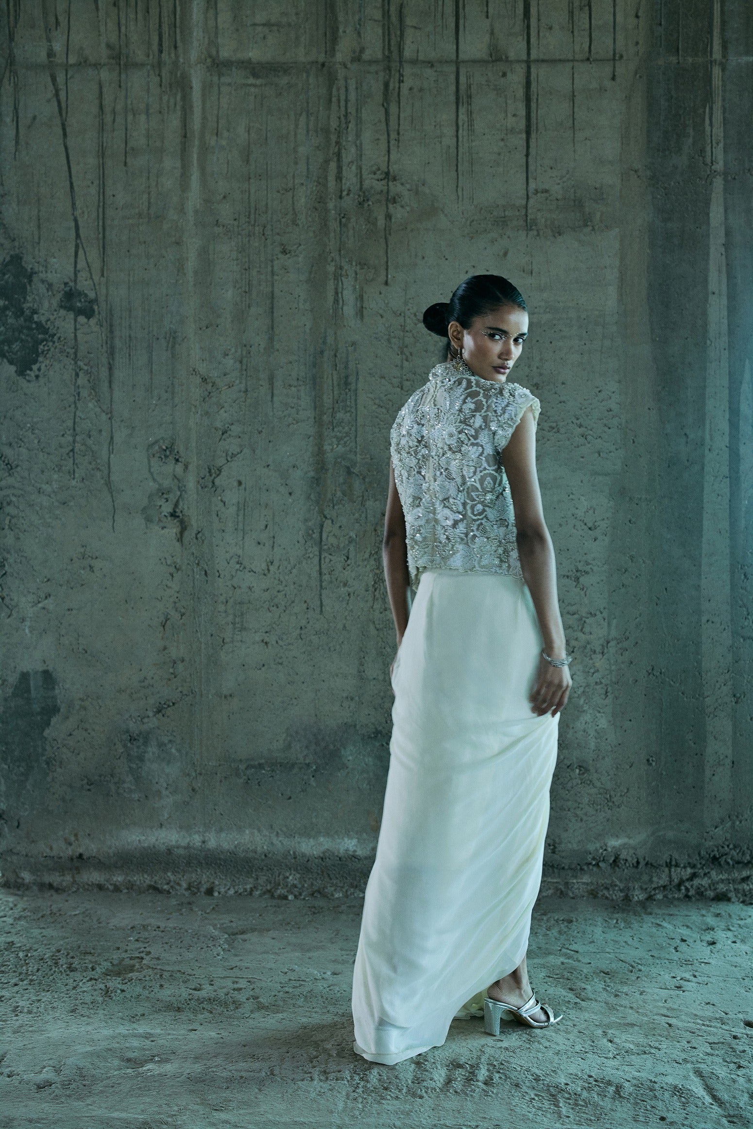 Ivory 3-D Embroidered Top With Skirt Set