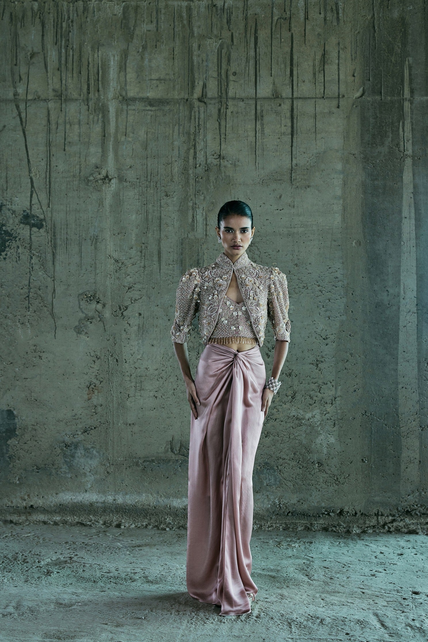 Rosegold Short Jacket Set With Bustier And Skirt